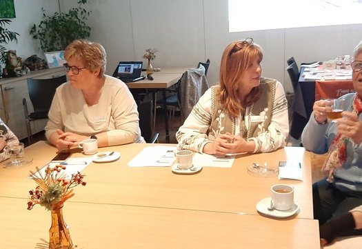 Een groep dames aan tafel met thee in gesprek